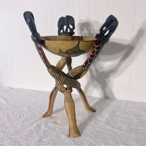 Vintage Handmade African Interlocking Interwoven Wooden  Tribal Art Stand W Bowl